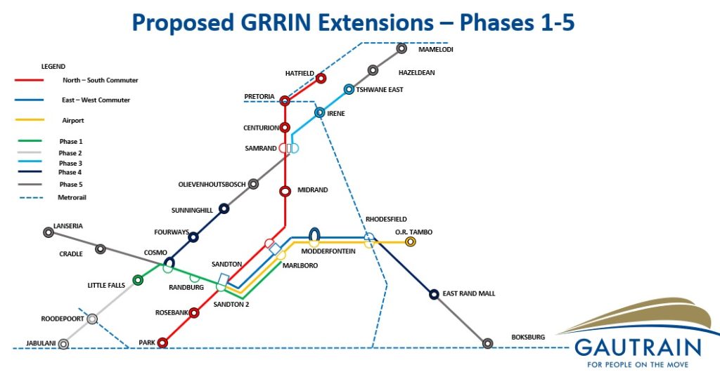 Gautrain route map 2026 showing existing network and proposed expansion routes to Soweto, Mamelodi, and Lanseria